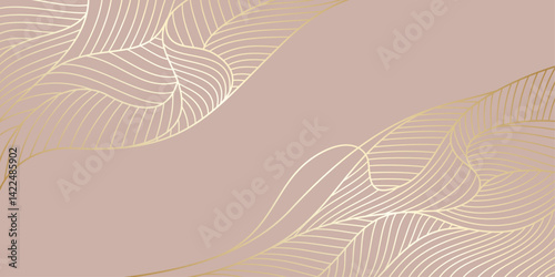 Gold lines vector art background. Abstract luxury cover design. Poster for design interior. Template for cards, flyers, banner, packaging. Premium golden illustration for luxe invite, wedding card.	
