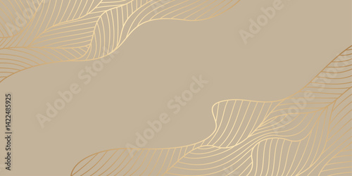 Gold lines vector art background. Abstract luxury cover design. Poster for design interior. Template for cards, flyers, banner, packaging. Premium golden illustration for luxe invite, wedding card.	