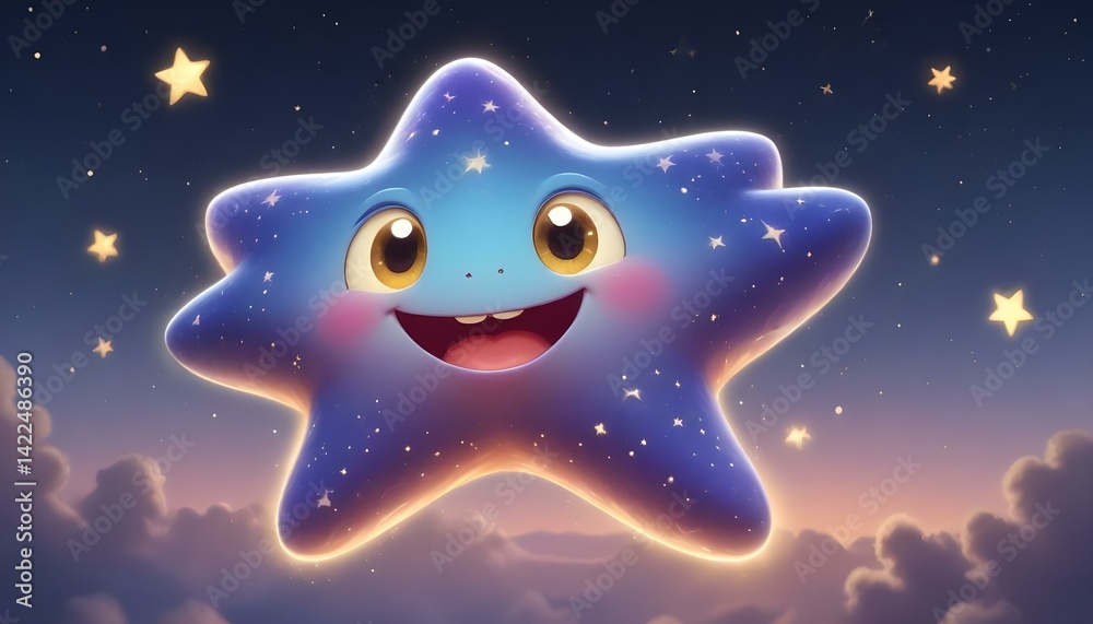 Fototapeta premium A cheerful star character with a sweet smile floating above soft, fluffy clouds at night.