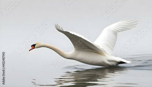 Fototapeta Naklejka Na Ścianę i Meble -  A beautiful white swan is captured mid-flight, gliding gracefully across the water surface.