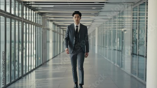Wallpaper Mural Stylish executive strides confidently down a bright hallway with modern glass walls, exuding professionalism in his well-tailored gray business suit Torontodigital.ca