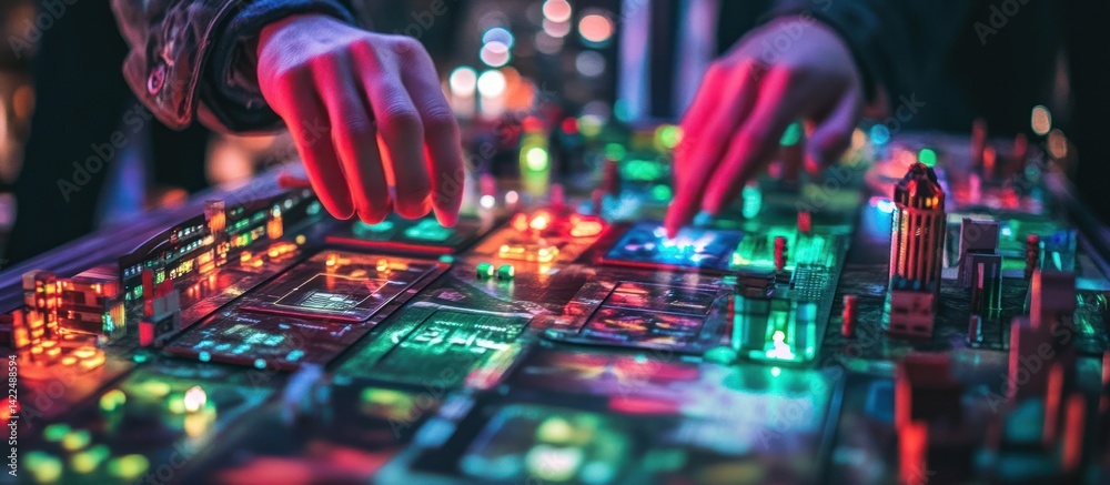 Obraz premium DJ mixing music at night, city lights