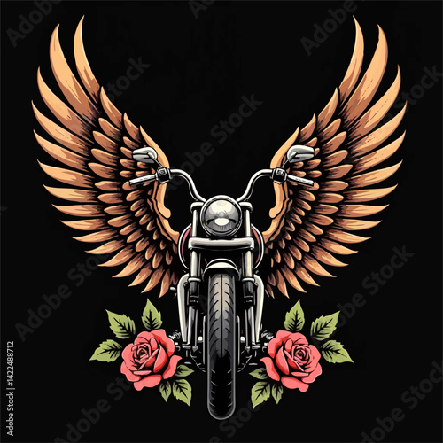 Vector design with drawing
biker motorcycle with wings and red rose flowers 
on black background. Fashion t-shirt print 
for fabric, paper, men clothing,
hoodie, biker jacket. Cartoon t shirt template