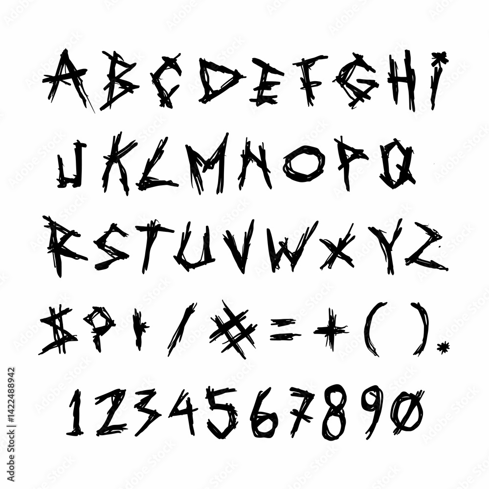 Grunge punk rock Horror Font. Hand Made Brush Typeface. Vector Stock Illustration. Brush stroke Alphabet. Typography for scary headlines and horror movie scenarios. Grunge punk rock Horror Font. Hand Made Brush Typeface. Vector Stock Illustration. Brush stroke Alphabet. Typography for scary headlines and horror movie scenarios.