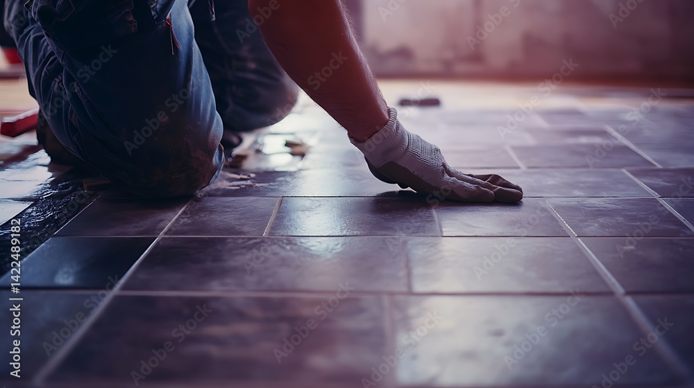 Fototapeta premium Tile Installer Working on Floor Installation