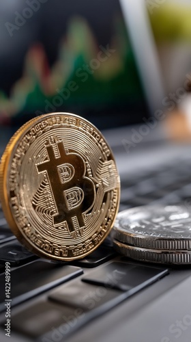 Golden Bitcoin coin on a laptop keyboard, with a cryptocurrency chart in the background photo
