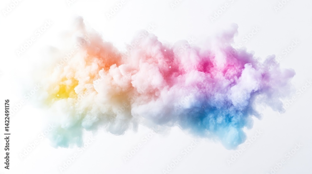 Fototapeta premium Colorful smoke cloud dispersing in mid-air, vibrant gradient of hues from red to blue, artistic and abstract composition, and isolated on white background.