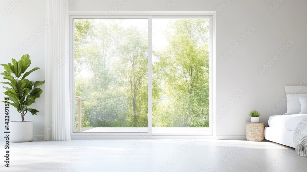 Fototapeta premium Bright minimalist bedroom interior with a large sliding glass door opening to a sunny green garden view.