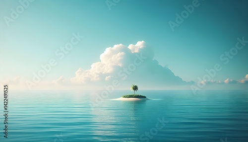 One palm tree standing on tiny island in expansive teal ocean with soft cloudy sky and quiet tropical mood