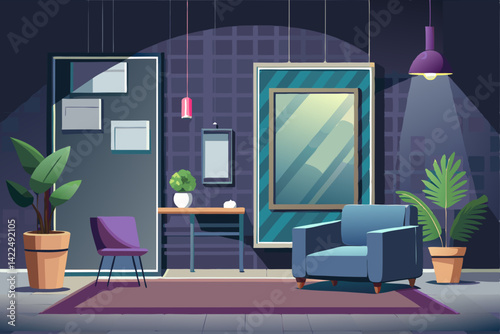vector of Modern dark loft living room interior with blank poster frame on gray wall