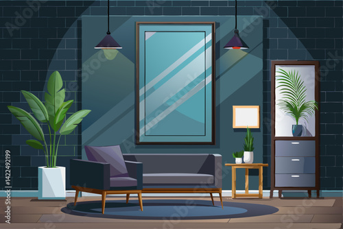 vector of Modern dark loft living room interior with blank poster frame on gray wall