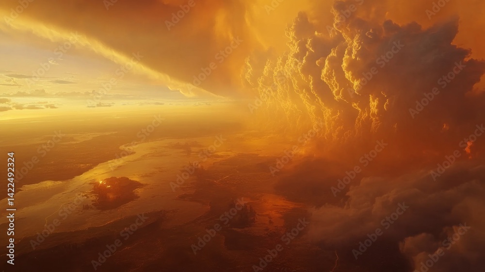 Fototapeta premium Fiery orange clouds dominate a dramatic sunset view.
