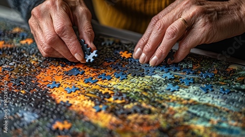 Elderly hands assembling jigsaw puzzle, home hobby, focus on detail