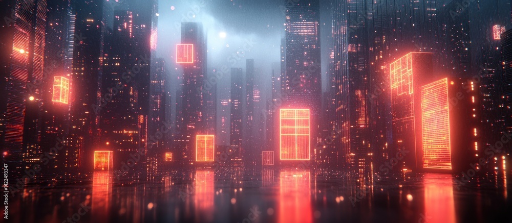 Futuristic cityscape with glowing neon buildings and reflections, a digital metropolis vision Futuristic cityscape with glowing neon buildings and reflections, a digital metropolis vision