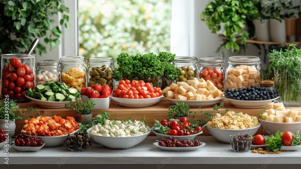 Vibrant display of fresh vegetables, fruits, and cheeses arranged on a wooden table in a bright kitchen Vibrant display of fresh vegetables, fruits, and cheeses arranged on a wooden table in a bright kitchen