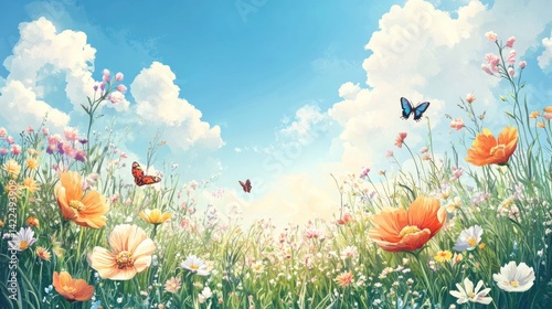 Dreamy Meadow, A Serene Landscape of Butterflies and Wildflowers under a Cloudy Sky