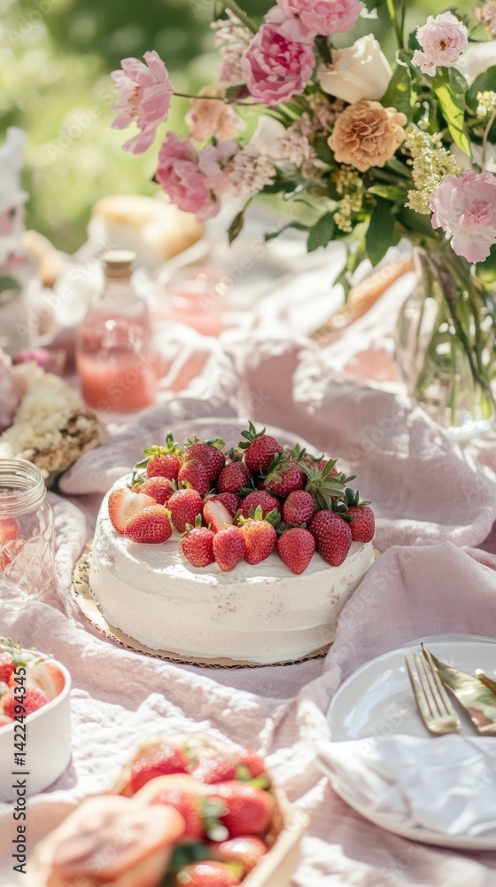 Delightful pink picnic spread with strawberries and cake. Delightful pink picnic spread with strawberries and cake.