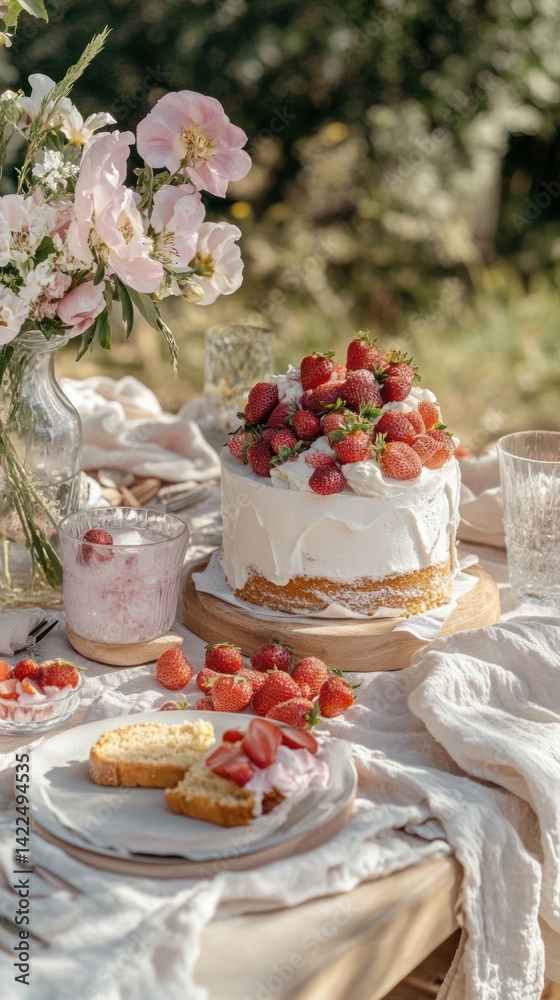 Delicate strawberry cake and refreshments on a picnic table. Delicate strawberry cake and refreshments on a picnic table.