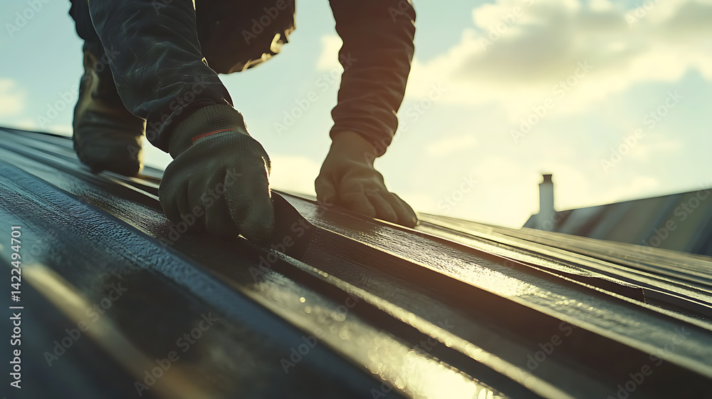 Worker Installing Metal Roof Panels