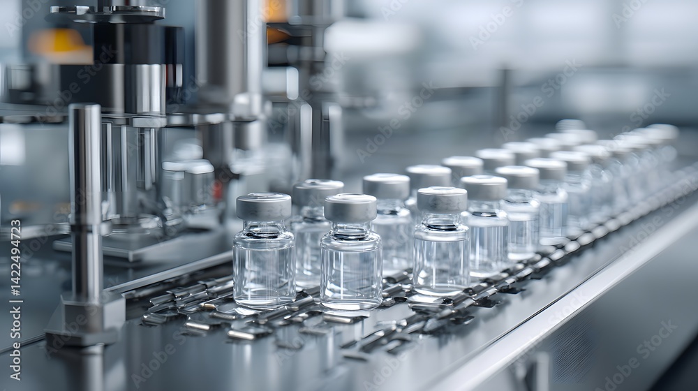 Automated pharmaceutical bottling line in a sterile environment. Automated pharmaceutical bottling line in a sterile environment.