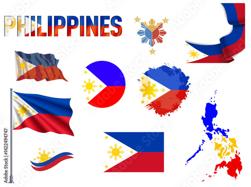 Big set of Philippines ribbons, symbols, icons and flags isolated on a white background, Made in Philippines, Welcome to Philippines, Philippines color, set for your infographics, and templates 
