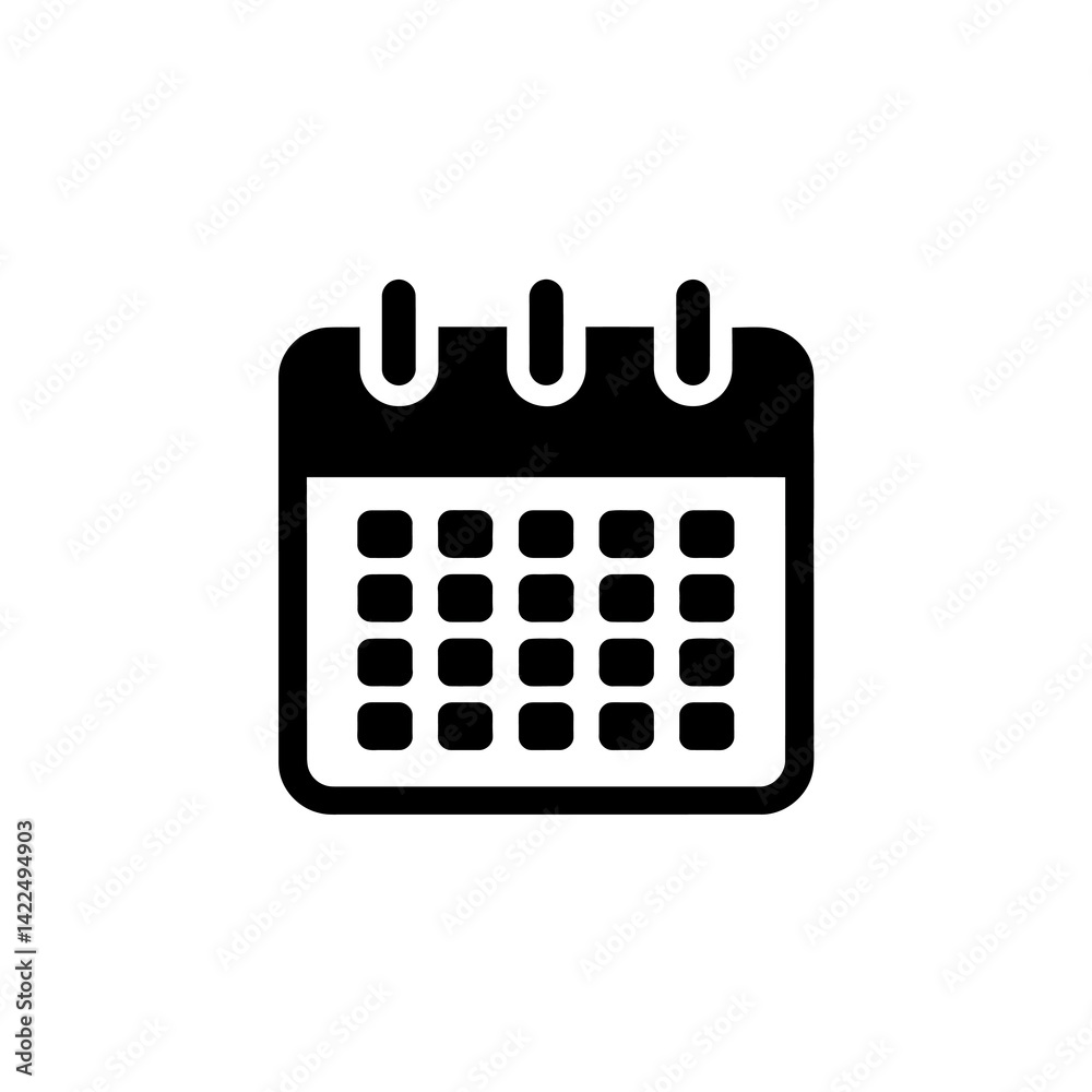 A simple black and white calendar icon is depicted, featuring a grid of squares symbolizing days