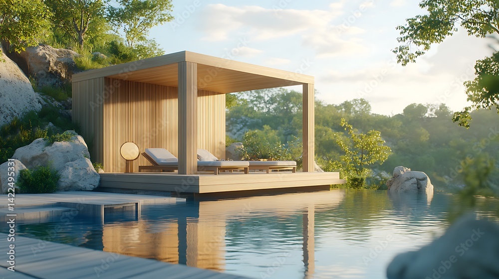 Fototapeta premium Luxurious wooden gazebo beside a tranquil infinity pool.