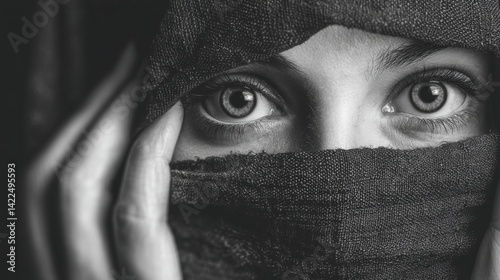 Femme au visage partiellement masqué par un tissu, mains jointes devant le visage, expression mystérieuse, éclairage dramatique en noir et blanc, ambiance artistique et énigmatique. photo