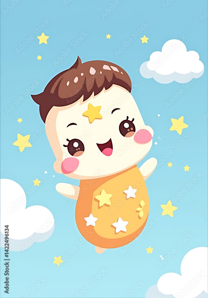 Fototapeta premium Happy cartoon baby floating in the sky with stars and clouds