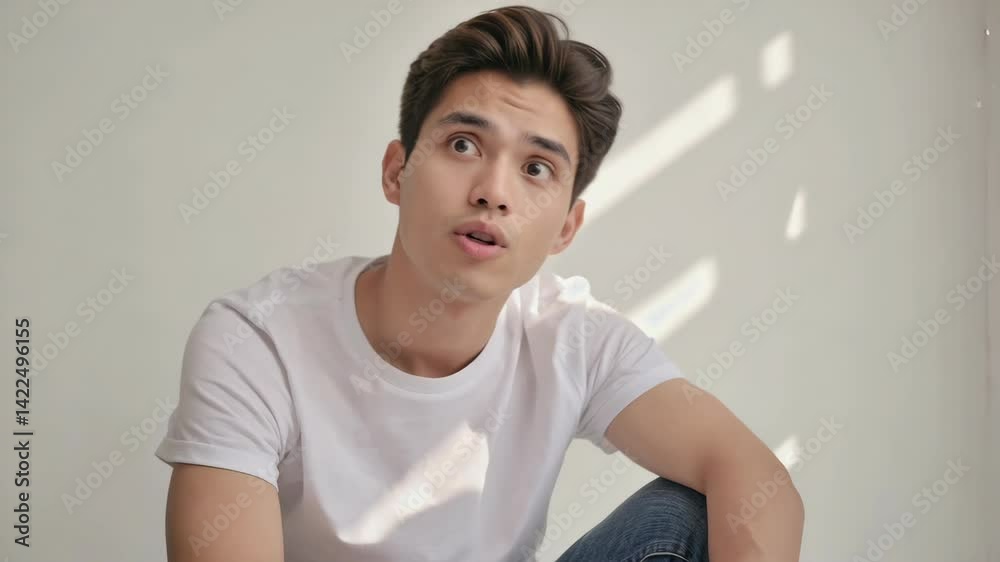 Expressive young man with mouth open looks surprised in studio setting Expressive young man with mouth open looks surprised in studio setting