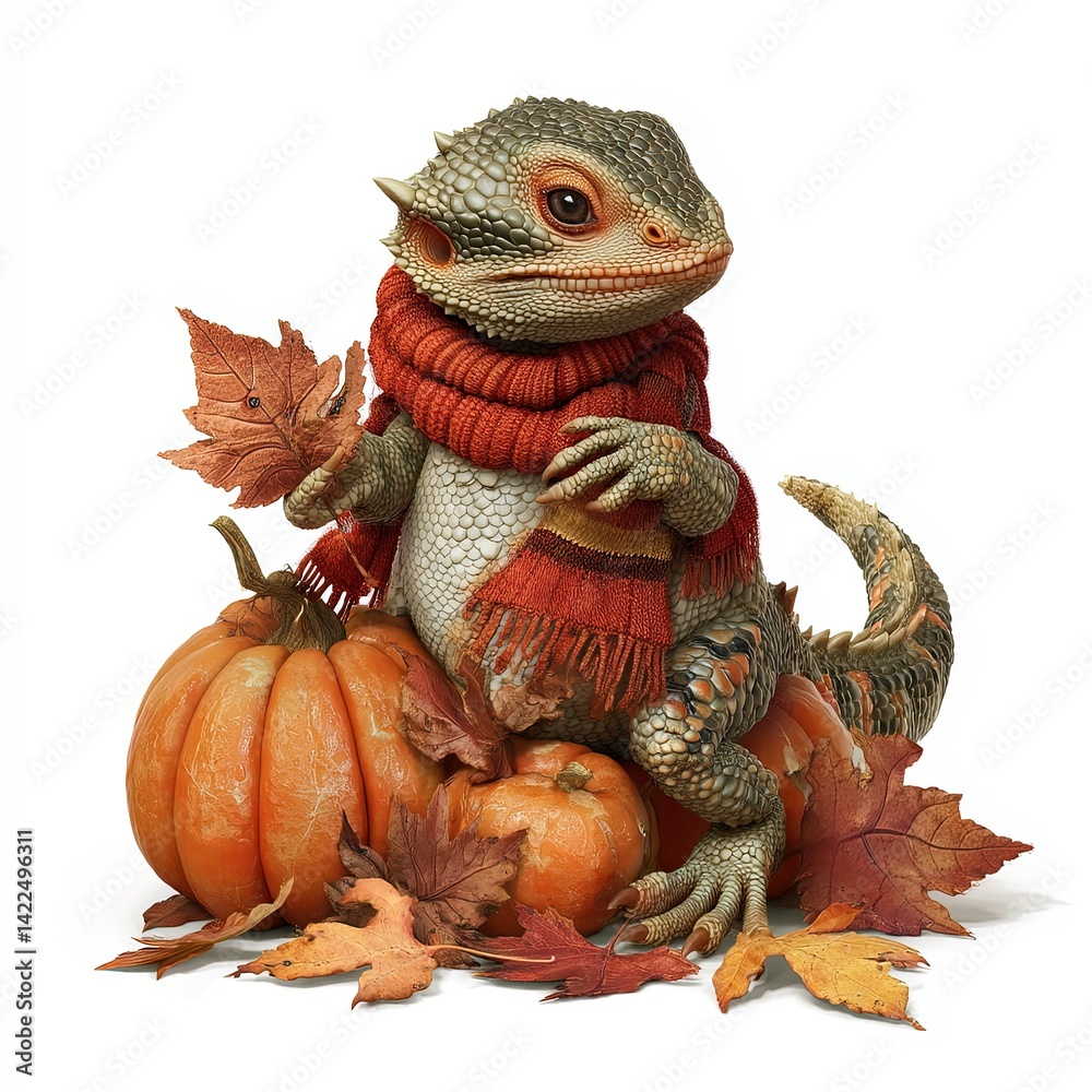 Fototapeta premium Cute lizard in a scarf sits among pumpkins and autumn leaves during fall festivities