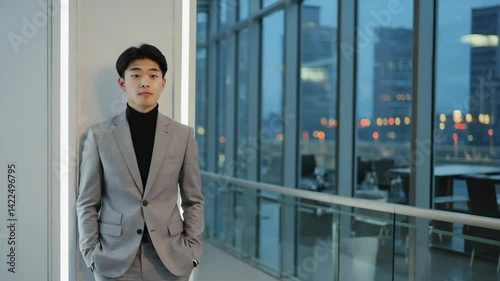 Wallpaper Mural Portrait of a young adult leaning against a wall by window with city views, wearing a gray business suit, and a black turtleneck. Torontodigital.ca