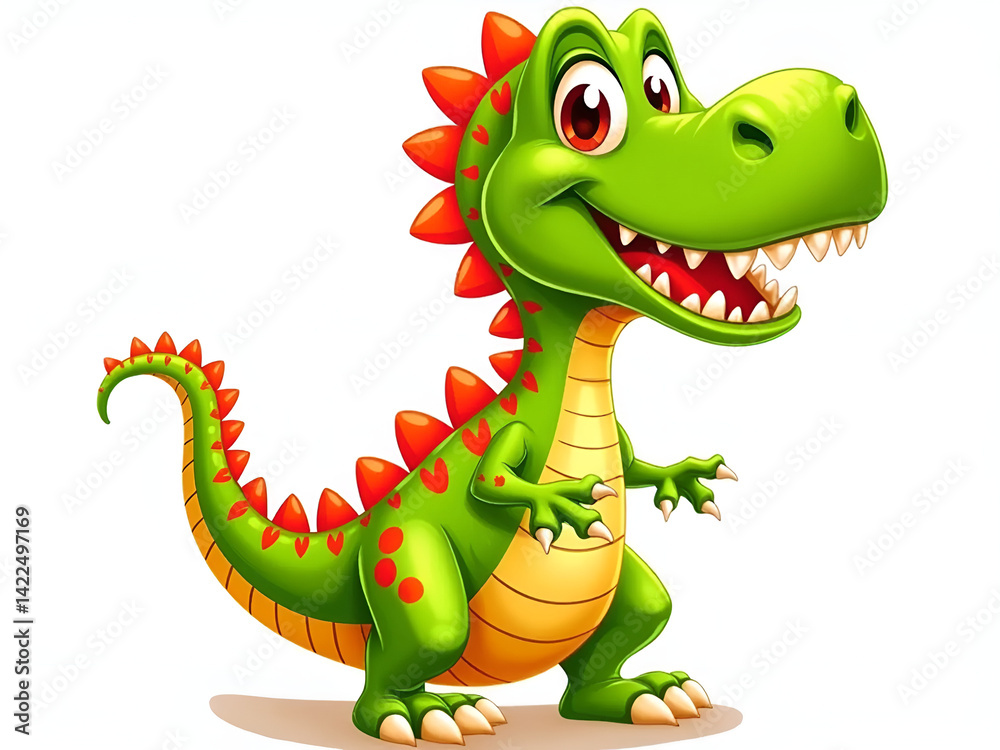 Fototapeta premium Cartoon Green Dinosaur – Cute Vector Illustration Isolated on White Background 