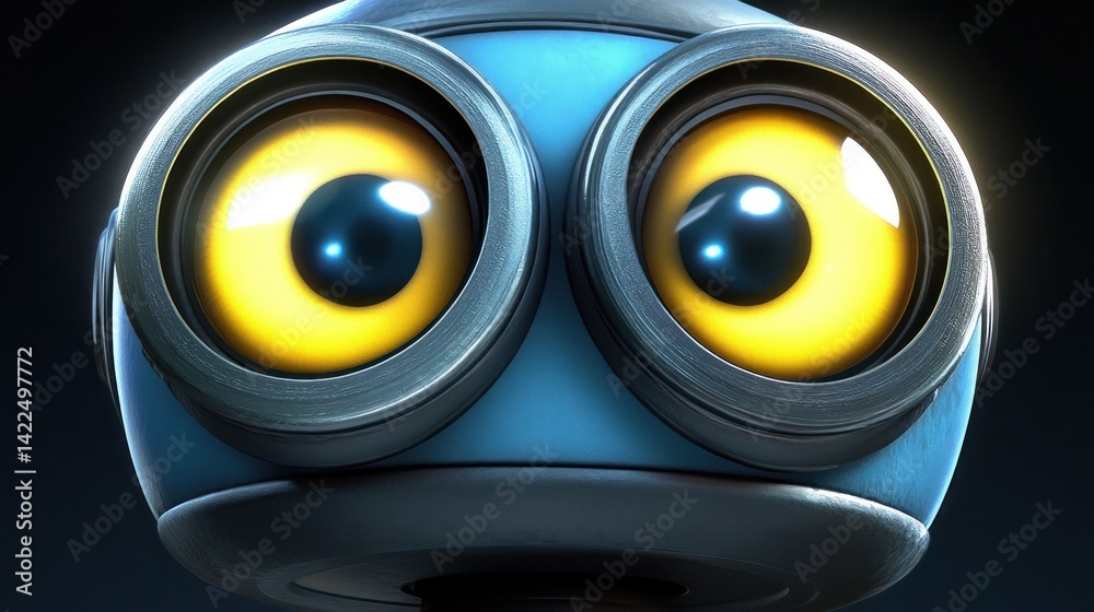 Close-up view of a stylized, cartoonish robot head.
