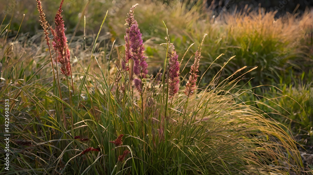 А photograph of colorful ornamental grasses and flowers growing on the bea