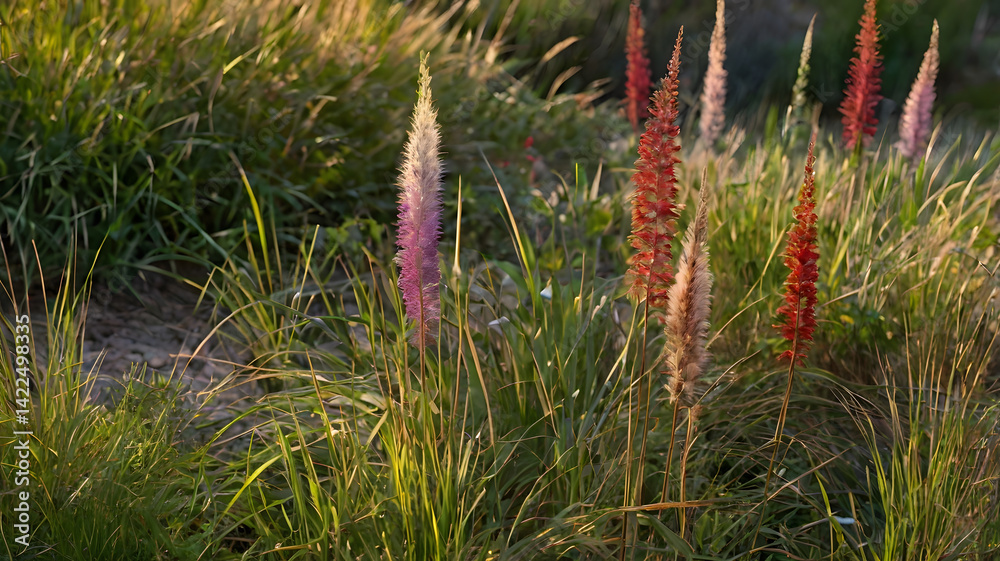 А photograph of colorful ornamental grasses and flowers growing on the bea