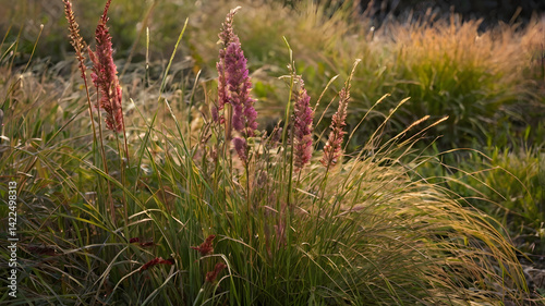 Obraz na płótnie А photograph of colorful ornamental grasses and flowers growing on the bea w salonie