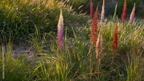 Obraz na płótnie А photograph of colorful ornamental grasses and flowers growing on the bea w salonie