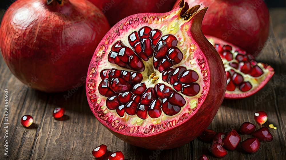 Pomegranate is a tasty and healthy fruit. It has a thick red skin and is full of small, juicy seeds called arils. These seeds are sweet, a little sour, and very good for our health.
