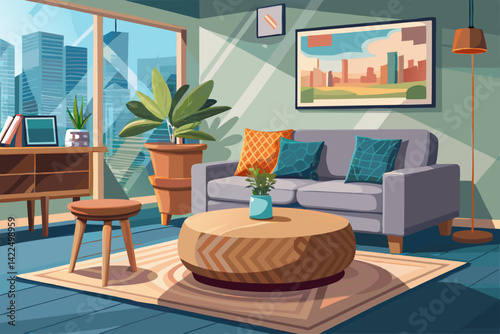 vector of Wooden pouf table in modern living room with painting above gray corner bench. real photo
