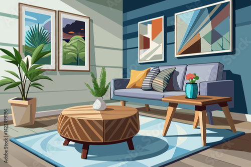 vector of Wooden pouf table in modern living room with painting above gray corner bench. real photo