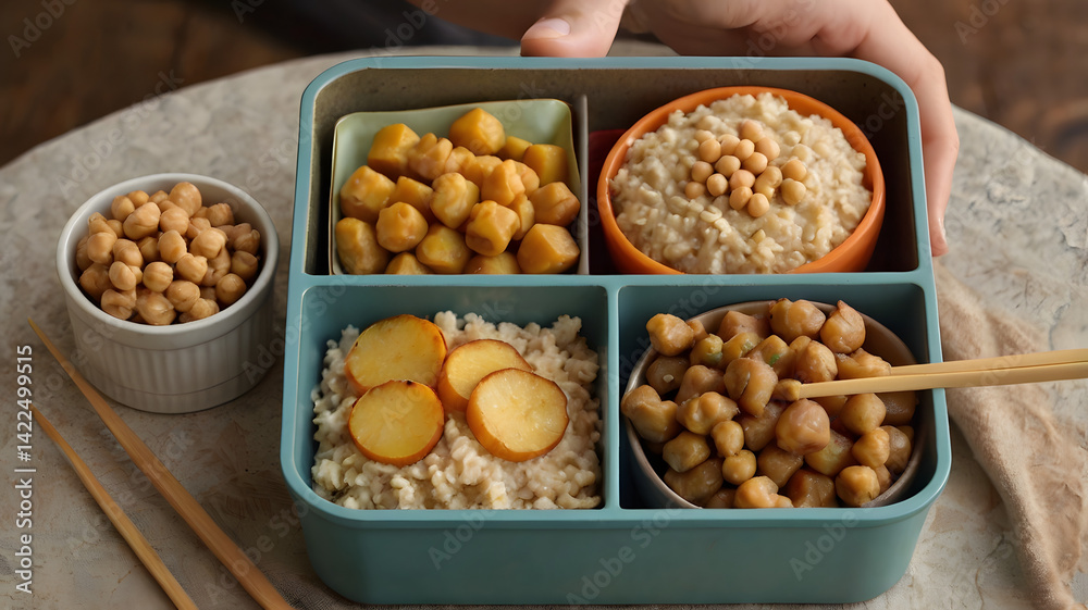 A cozy, oversized lunchbox scene where tiny farmers are finishing a healthy bento-style meal. The lunchbox is large — big enough for the farmers to stand on or climb into.