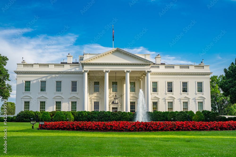 Obraz premium White House in Washington DC. The White House under blue sky. American presidents residence. Iconic White House building. Federal government. The White House and American flag.