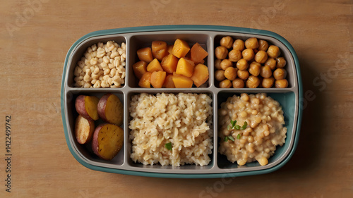 A cozy, oversized lunchbox scene where tiny farmers are finishing a healthy bento-style meal. The lunchbox is large — big enough for the farmers to stand on or climb into. 