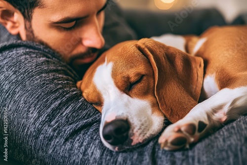 Cozy Moment of a Person Cuddling a Relaxed Dog on Couch