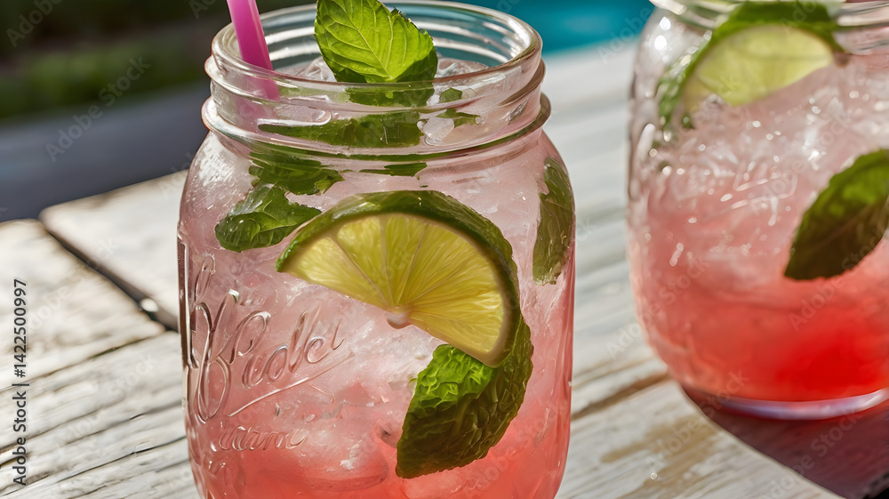 A refreshing summer cocktail in a mason jar glass, filled with ice cubes and a pinkish fruit drink, garnished with a slice of lime and a sprig of fresh mint. The drink should have a colorful striped