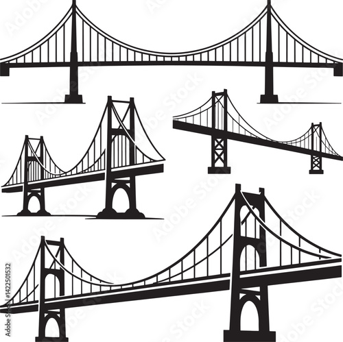 Simple Bridge silhouette set vector illustration isolated On Transparent Background