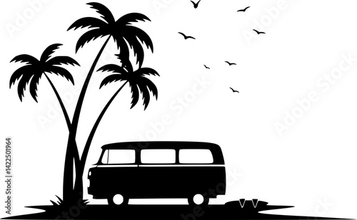 Minibus, surfboard and palm trees icon. Camper, minivan. Black silhouette. Front side view. Vector simple flat graphic illustration. Isolated object on white background