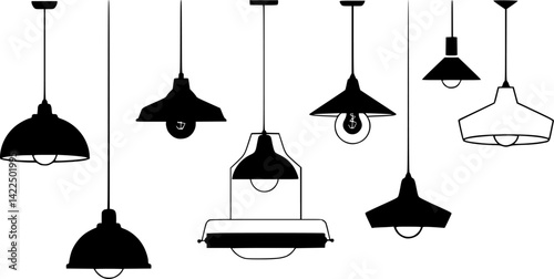 Various hanging ceiling lamps. Lamp, chandelier. Black silhouette. Front side view. Vector simple flat graphic illustration. Isolated object on a white background