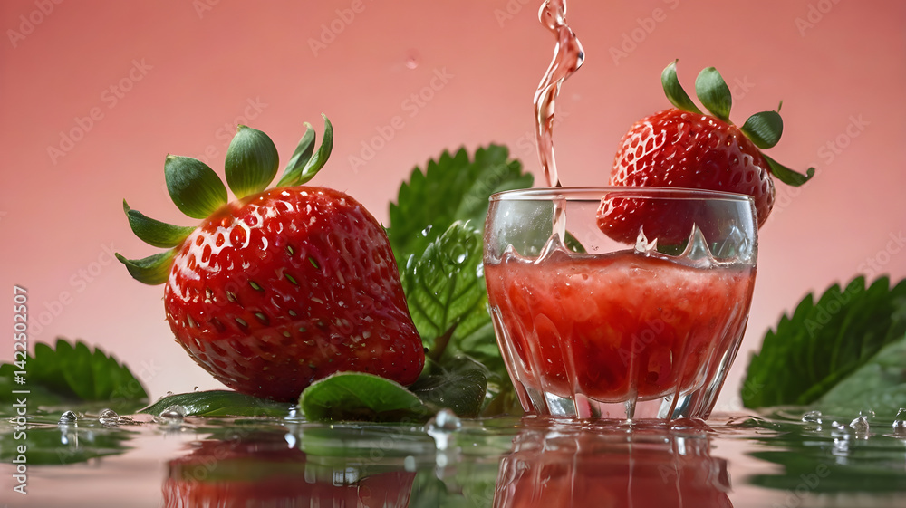 A ripe, glossy strawberry resting on a tropical leaf, surrounded by a vibrant swirl of strawberry juice. In the background, soft-focus floating strawberry slices hover gently, adding dynamic freshness